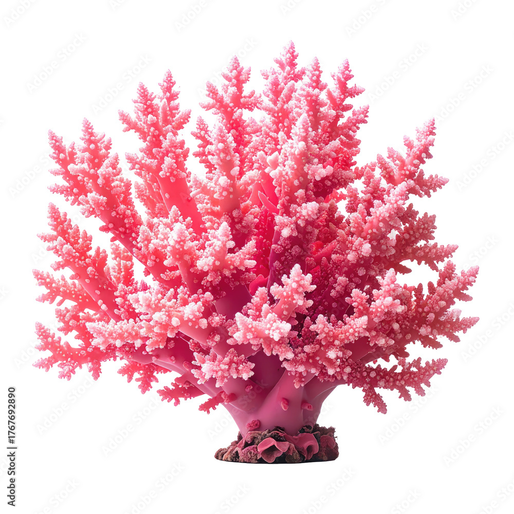 Naklejka premium Pink coral reef structure, intricate branching on black background, vibrant underwater life