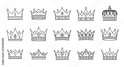 Set of Line Art Crowns - Royal Icons and Symbol Illustrations for Branding, Design Elements and Decorative Graphics