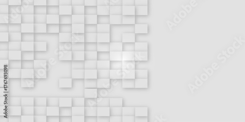 Random shifted white cube boxes block background wallpaper banner with copy space. Abstract mosaic background. White geometric abstract background with squares .

