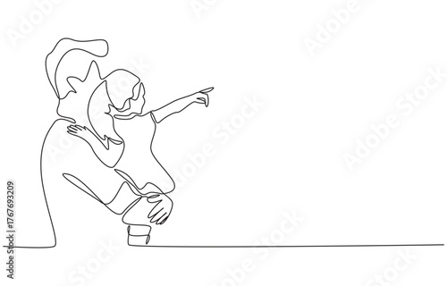 Continuous one line drawing of father holding his little daughter, bonding moment between parent and child concept, single line art.