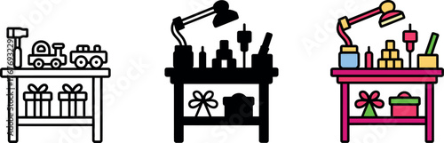 Craft Table Icons Representing Toy Making and Gift Wrapping in Three Styles