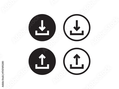 Four different variations of essential download and upload vector icons are clearly presented for user interface design components.