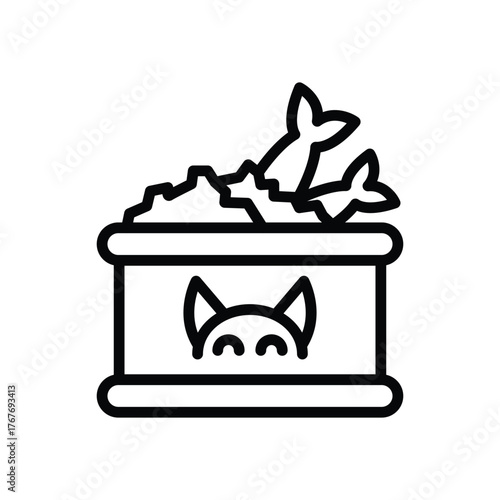 A cat food can icon with fish and a cat face black outline style