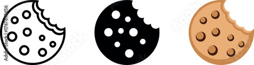 Delicious chocolate chip cookie with a bite taken out of it vector set