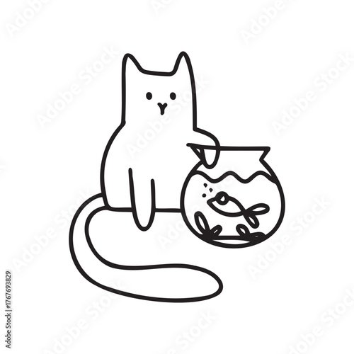A line drawing of a cat sitting next to a fishbowl with a fish inside