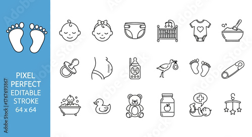 Collection of Line Art Icons Representing Baby Care and Childhood Essentials