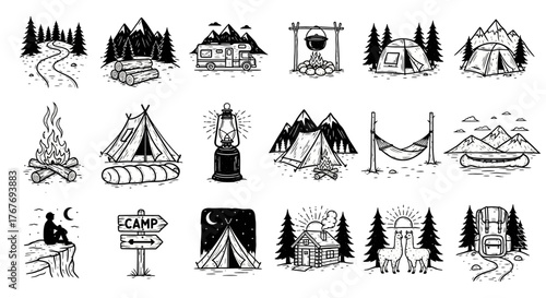 Collection of sleek line art illustrations depicting various outdoor camping and adventure scenes, perfect for nature-themed designs and travel branding