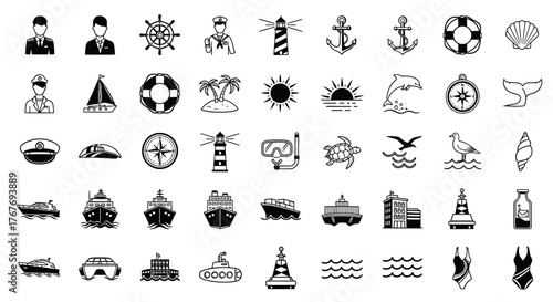 Collection of sleek line icons for maritime and naval themes, including ships, sea life, and sailing equipment. A versatile set of nautical vector symbols