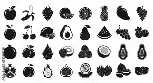 Sleek and comprehensive collection of fruit silhouettes, showcasing a diverse array of fresh produce and healthy food icons for modern graphic design