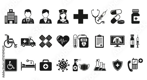 Healthcare and Medical Icons Set Hospital, Doctor, Nurse, and More - Perfect for Design