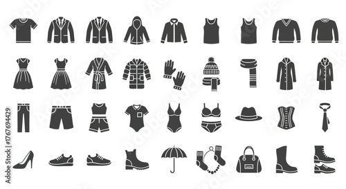 Collection of various clothing items and accessories for men, women, and children, displayed in a grid format