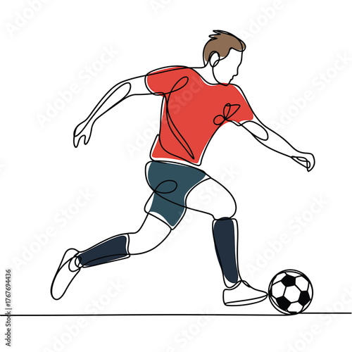 Continuous line drawing of a soccer player kicking a ball