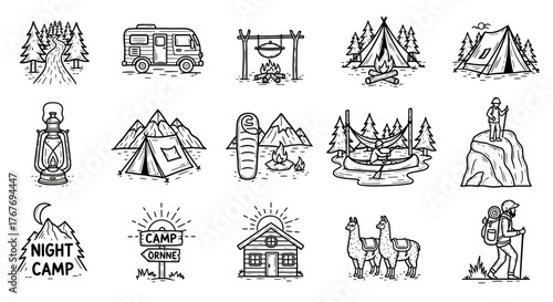 A collection of hand-drawn camping and outdoor adventure icons in a monochrome line art style, featuring tents, campfires, hikers, and nature elements for travel design