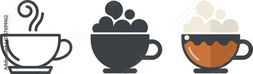 Three stylized cups of coffee or beverages with different fills and designs line art