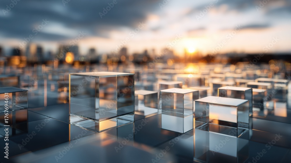 Fototapeta premium Glowing cubes set in an urban digital grid reflect the intersection of technology and design, emphasizing the growth and innovation of a city built on digital foundations.