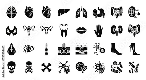 Medical icons and symbols representing human anatomy, health, and science