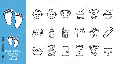 Adorable Baby Icons Set Footprints, Essentials, and Playful Elements - Perfect for Design