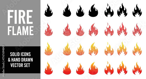 Fire Flame Icons Set Solid, Hand-Drawn, and Vector Elements in Black and Color Variations