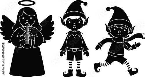 Christmas, Holiday, Festive, Winter, Angel, Elf, Santa, Hat, Costume, Character, Icon, Symbol, Cartoon, Vector, Illustration, Artwork, Design, Style, Silhouette, Fantasy