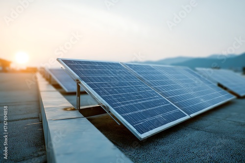 A row of solar panels neatly installed on the rooftop of a building, symbolizing sustainable energy solutions.