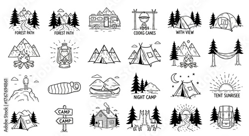 Sleek line art collection of minimalist outdoor adventure and camping icons, perfect for nature exploration and wilderness travel designs, featuring tents, campfires, mountains, and essential