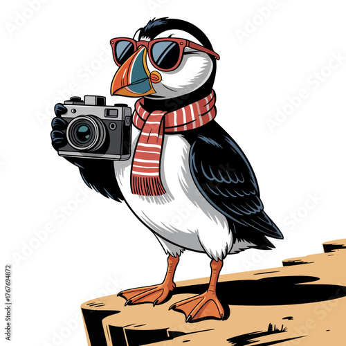 cute puffin bird tourist in sunglasses holding a vintage camera
