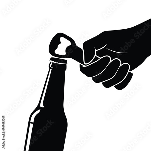 Hand opening a bottle of beer with a bottle opener