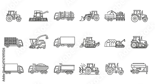 Sleek line art icon set of agricultural machinery and farm transport. Collection of modern vector illustrations for farming and harvest concepts