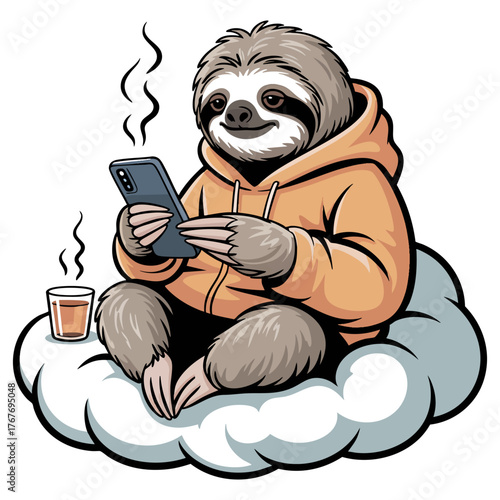 cute sloth in hoodie sitting on a cloud checking phone and drinking coffee
