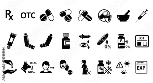 A sleek and comprehensive set of black glyph icons representing pharmacy, medicine, and pharmaceutical instructions for modern healthcare design