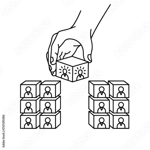 Hand placing a light bulb idea block onto a team structure