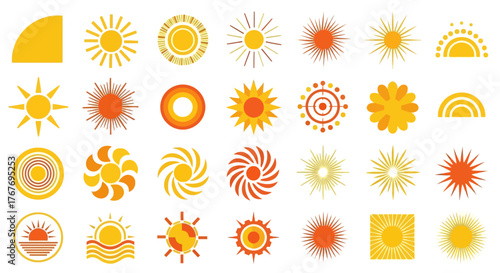 Collection of stylized sun icons and graphics in various designs and colors
