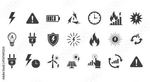 Collection of energy and power icons representing electricity, renewable resources, and power management for modern applications