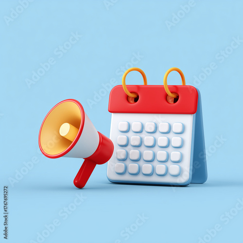 Red and white megaphone beside a red and white calendar on a light blue background in a studio shot