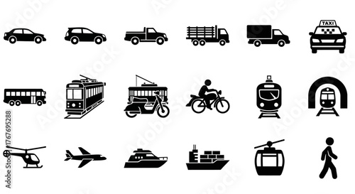 Modern minimalist silhouette icon collection of vehicles for travel, logistics, and transportation concepts