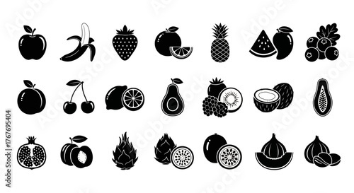 A versatile set of modern black fruit icons in a sleek glyph style. A comprehensive collection of healthy food symbols for various design projects