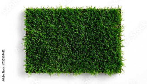Aerial top view of a rectangular patch of lush green artificial grass turf isolated on a clean white background with a shadow