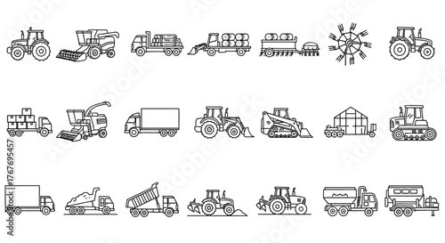 Agricultural Vehicle Outlines Tractor, Truck, Combine, and More Farm Equipment Silhouettes