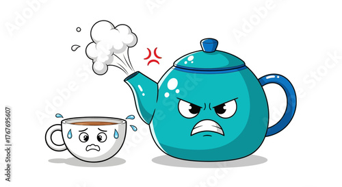 Cartoon Teapot Furious at Overheating Tea Cup Character in Whimsical Illustration