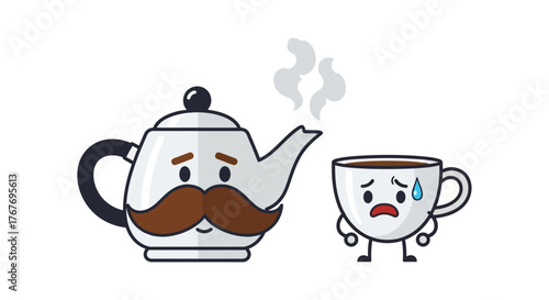 Humorous depiction of anthropomorphic teapot with mustache pouring hot liquid into a worried cup