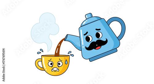 Funny Coffee or Tea Time Cartoon with Anxious Cup and Cheerful Teapot Character