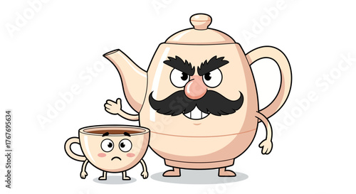 Cartoon teapot with mustache bully and sad cup isolated on a white background