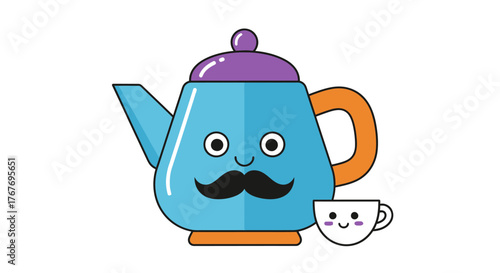 Cheerful cartoon teapot character with a mustache and a companion cup, perfect for children's