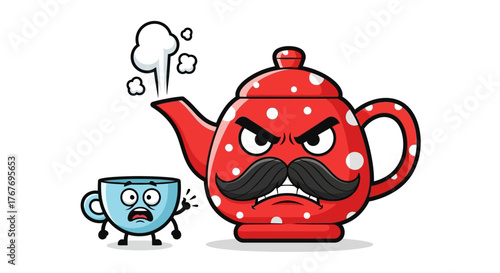 An animated teapot with a mustache scolds a frightened teacup in a humorous illustration