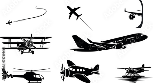 Collection of diverse aircraft silhouettes including airplanes helicopters and biplanes in various poses