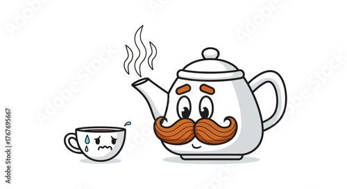 Whimsical Cartoon of a Concerned Cup and Pensive Teapot with Curling Mustache