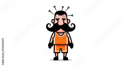 Cartoon athlete character with quirky hairstyle and large mustache illustration