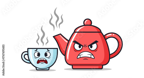 Animated Cartoon Illustration of an Angry Teapot Facing a Worried Cup of Steaming Beverage