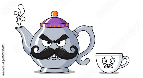 Humorous illustration featuring an angry teapot with a mustache and a fearful teacup character on
