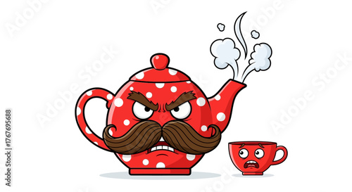 Fuming teapot cartoon character with a mustache, boiling mad, next to a fearful teacup
